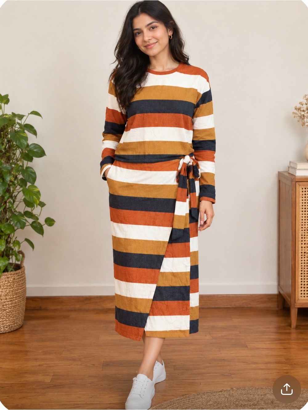 Striped Long Sleeve Wrap Midi Dress in Rust, Mustard & Navy